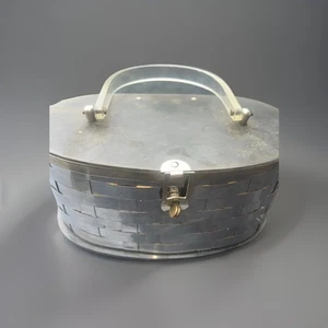 Chrom Silber Korbgeflecht oval MCM Plexiglas Griff & Deckel Box Geldbörse Kiss Lock - Bild 1 von 13