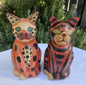 VTG Cat Sculptures (2) Carved Wood Decoration Figurine 9"×4" - Picture 1 of 17