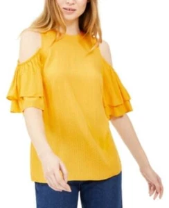 MSRP $78 Michael Kors Flounce-Sleeve Cold-Shoulder Top Yellow Size Small - Picture 1 of 1