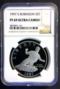 1997-S Jackie Robinson Commemorative Silver Dollar Graded - NGC PF69 Ultra Cameo - Picture 1 of 10