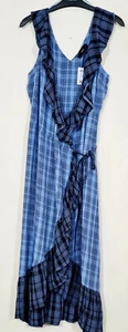 NEXT Size 12 Blue Check Frill Ruffle Detail Midi Wrap Dress BNWT Summer Party - Picture 1 of 3