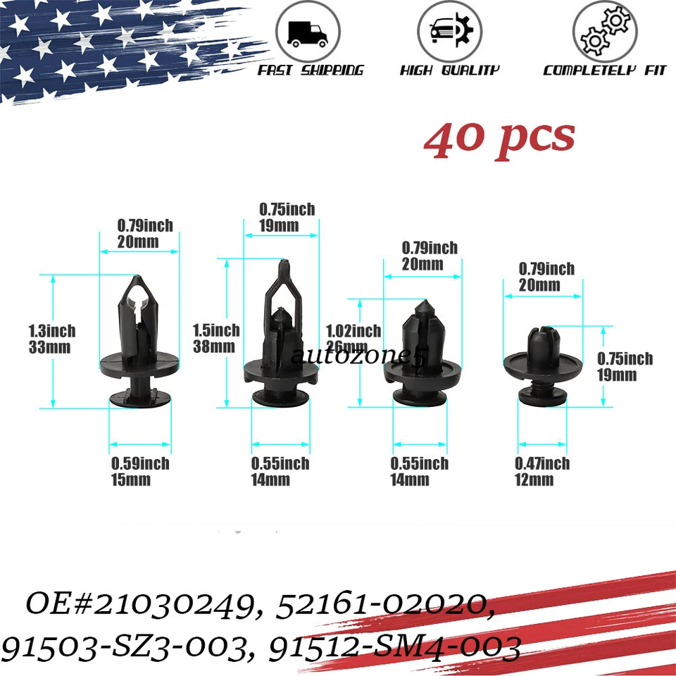 Clips de retención tipo empuje de nailon 40 piezas para Honda GM Chrysler 21030249 52161-02020 Foto 1 de 4