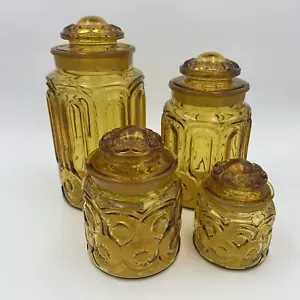 Vintage MCM LE Smith Amber Glass Moon and Stars Set of 4Canisters & Lids READ - Picture 1 of 23