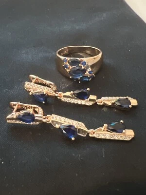 Juego de anillos de aretes de zafiro enchapados en oro rosa 585 enrollados de 14k talla 8 paquete oferta Foto 1 de 4