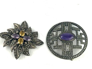 2 Broches Grandes Vintage Marcasita Cabujón Amatista Esterlina 925 Joyería 60gm - Imagen 1 de 9
