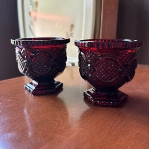 Avon Cape Cod Collection Ruby Red Dinnerware Sugar Bowls Candle Holder Set Of 2 - Picture 1 of 4