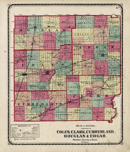 1876 Map of Coles, Clark, Cumberland, Douglas & Edgar Counties, Illinois - Picture 1 of 2
