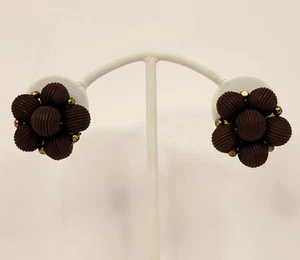 Vintage Jonne Schrager Earrings Clip On Brown Beaded Gold Tone Jewelry - Picture 1 of 5
