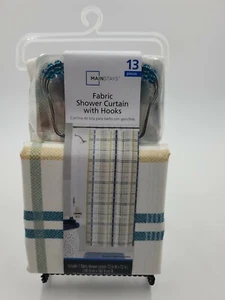 Mainstays Fabric Shower Curtain with Hooks Blue Plaid 72 x 72 in 13 Pieces - Picture 1 of 7