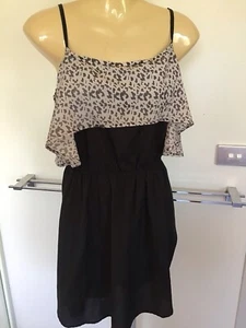 MINKPINK Vintage Black Polyester Elastic Waist Dress Animal Print Trim Sz 12 - Picture 1 of 3