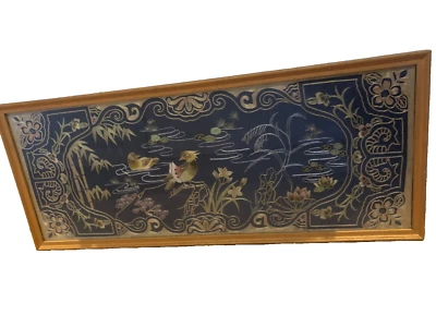 tableau ancienne broderie chinoise antique embroidery 95 cm x 39cm oiseaux étang - Photo 1/4