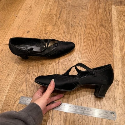 Late 1930s-Early 1940s Black Satin Strap Heels - Art Deco Era Vintage - Image 1 of 4