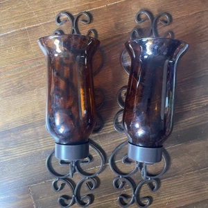 2 American Anelier Tortoise Glass Metal Wall Candle Lighting Sconce Set - Picture 1 of 6