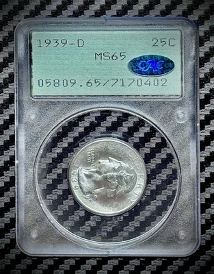 💎 1939-D Washington Quarter MS65 CAC BLASTER PCGS Rattler Old Green Holder 90% - Imagem 1 de 4