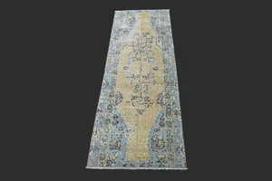 Vintage 2x5 Türkischer Oushak Läufer Teppich Handarbeit Anatolisch Boho Kelim GELB - Bild 1 von 10