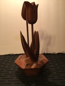 MCM Tulipani in Legno con Base in Legno, Arredamento Casa Alto 10” Circa Vintage - Foto 1 di 6