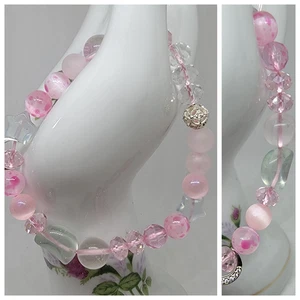 🌸Pulsera de cuarzo pluma rosa selenita-fluorita🌙Luna🌟Estrellas-rosa mate y ángulo - Imagen 1 de 14