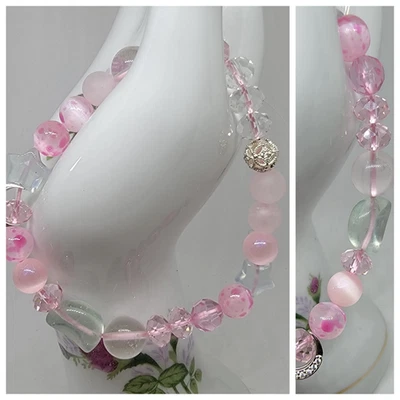🌸Pink Selenite-Fluorite🌙Moon🌟Stars-Matte Rose & Angle Feather Quartz bracelet - Image 1 of 4