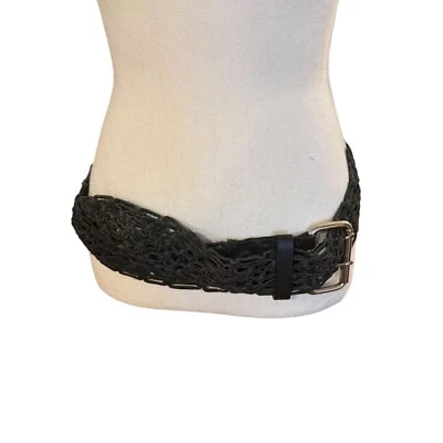 Mango MNG Braided Black Leather Statement Belt Silver Buckle Wide Woven - Image 1 of 4