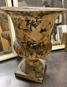 Pedestal Urn 28cm Provincial Indoor Steel Metal Footed Pot Gold Black Patina - Picture 1 of 7