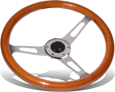 14 Inches Wood Grain Grip Vintage Steering Wheel 2 Inches Deep Dish Stainless St - Image 1 of 4