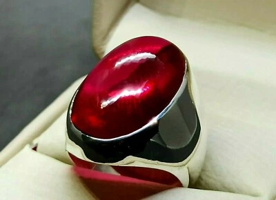Oval Big Pigeon Red Cabochon Ruby Sterling Silver 925 Handmade Mens Plain Ring - Image 1 of 4