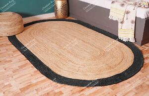 Indian Hand Braided Natural Jute Oval Rug With Black Border, Bohemian Jute Rug