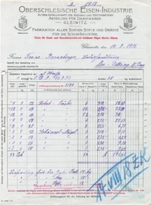 Alte Rechnung,"OBERSCHLESISCHE EISEN-INDUSTRIE Gleiwitz" 19.07.1918 - Bild 1 von 1