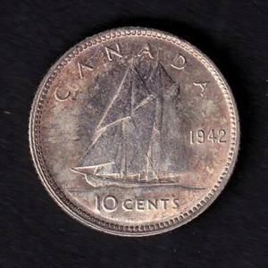 Canada 1942 10c Ten Cent Silver Coin King George VI Almost UNC .800 Silver - Picture 1 of 2