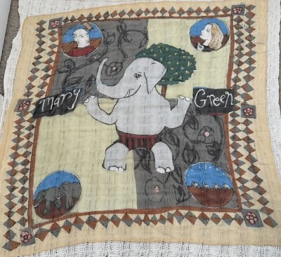 Mary Green Vintage Silk Sheer Elephant Design Scarf 39x41 IN Unisex Y2K 2000s — 第 1/4 张图片