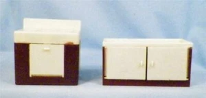 Vintage Kitchen Sink & Stove Dollhouse Miniature Brown Cream Hard Plastic 1950s - Picture 1 of 4