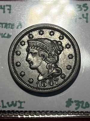 1847 N-35 R-4 Braided Hair Large Cent Die State A   Free Shipping - Image 1 of 4
