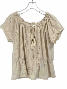 Cyrus Eyelet White Boho Short Sleeve Blouse Sz Large - Picture 1 of 6