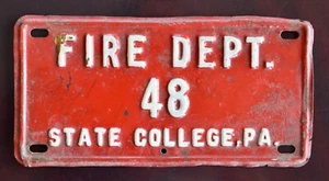 VINTAGE STATE COLLEGE FIRE DEPT, STATE COLLEGE, PA CAR PLATE #48 (ALPHA FIRE CO) - Picture 1 of 2