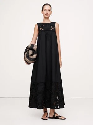 BANANA REPUBLIC Embroidered Cotton Poplin Maxi Dress | Black Large #743532 NEW - Image 1 of 4