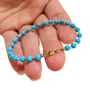 14 Karat massives Gelbgold 4 mm blau Dornröschen Türkis Untertasse Perlenarmband - Bild 1 von 11