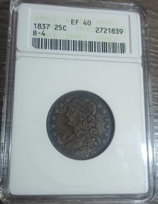 1837 Capped Bust Quarter 25c ANACS EF 40 Soap Box Holder XF 40 Toned - Image 1 of 4