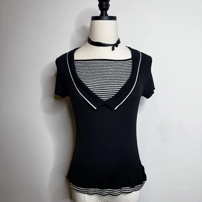 Vintage 90s Navy Blue White Gauzy Layered Knit Sailor Top Goth Grunge Indie M - Image 1 of 4