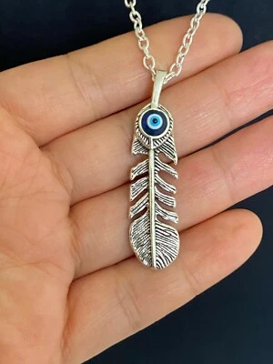 1 x Feather / Leaf with Blue Evil Eye Charm Pendant 48mm*12mm, 30" Long Necklace - Image 1 of 4