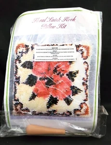 FLORAL LATCH HOOK PILLOW Craft KIT w/ canvas yarn instructions hook pink roses - Picture 1 of 3