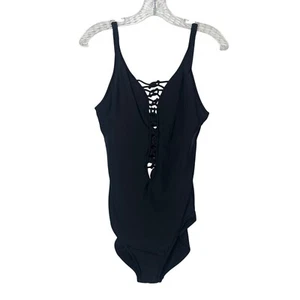 Aqua Green One-Piece Swimsuit Womens Large Black Lace Up Summer Plunge - Picture 1 of 11