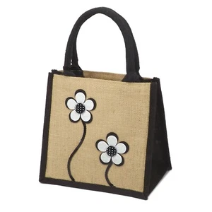 Jute Hessian Lunch Gift Black Trim Bag / Small Shopper - Flower / Floral Design - Picture 1 of 3
