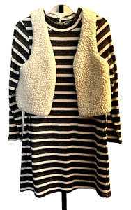 Dress Vest Girl's 12 Gray White Blue Stripe Terry Sherpa 2 Piece Emily West  - Picture 1 of 12