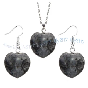 Natural Black Labradorite Heart Pendant Necklace Earrings Set Silver Chain 17'' - Picture 1 of 9