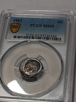 1963   Roosevelt Silver Gold SHIELD PCGS MS65  Stunning  Toning  - Image 1 of 4