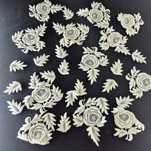 Vintage Cream Lace Fabric Pieces Flowers Embroidered Bridal Wedding Material - Picture 1 of 6