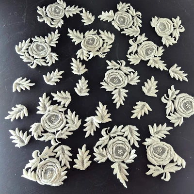 Vintage Cream Lace Fabric Pieces Flowers Embroidered Bridal Wedding Material - image 1 of 4