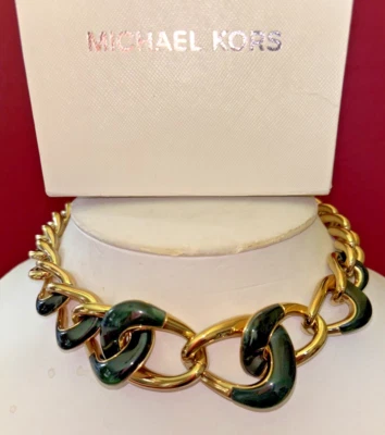 NWT Michael Kors Autumn Luxe Gold Tone Green Chain Collar Necklace In box $185 - Image 1 of 4