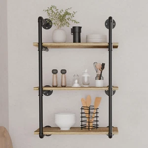 24 Inch 3 Tier Industrial Pipe Shelf Solid Wood Plank Floating Book Shelves - Picture 1 of 12