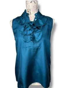 Top smanicato J Crew 100% seta fondo alto colletto con volant 8 blu - Foto 1 di 11